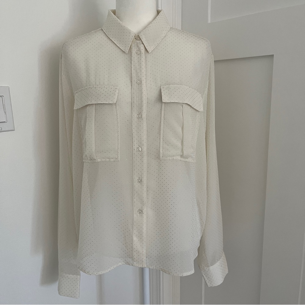 Evereve Ivory Off White Metallic Silver Dots Blouse With Pockets Sz M *K